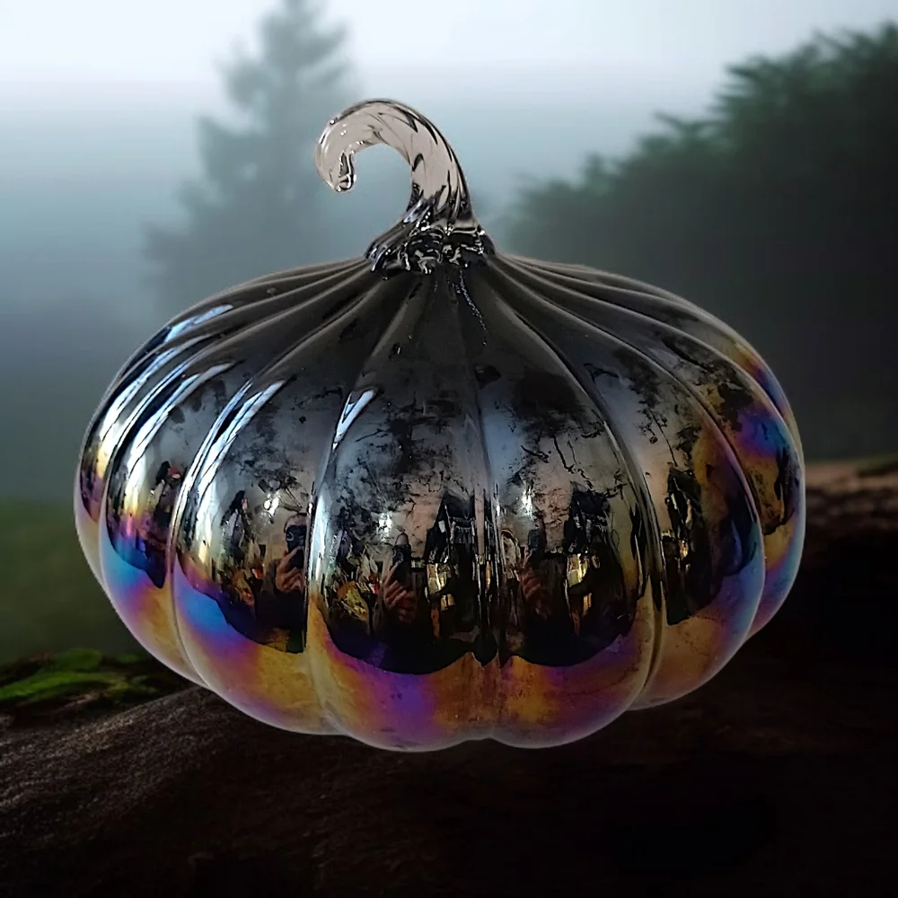 Glass Iridescent Halloween Pumpkin Carnival Hand Blown Stem Purple Black Harvest